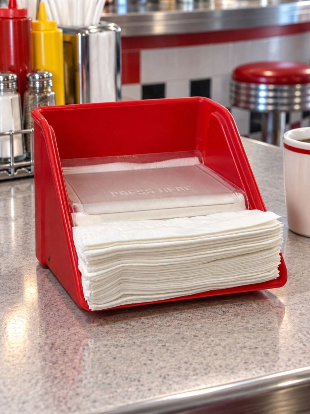 Vintage Red Napkin Dispenser Press Top & White Napkins